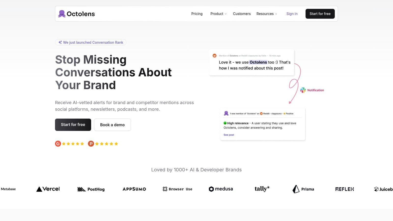 Octolens dashboard showing AI-filtered brand mentions with relevance scoring