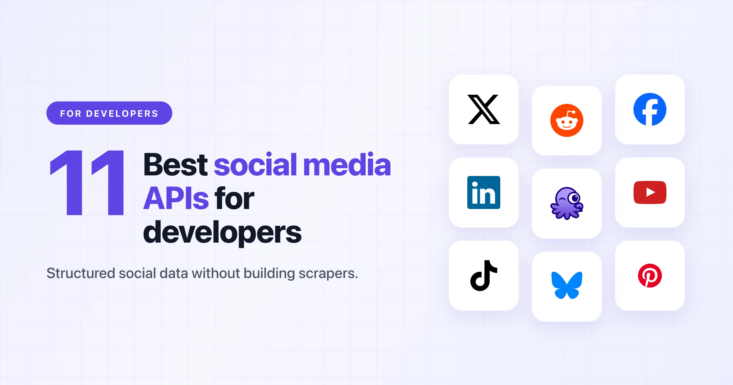 Cover for the 11 best social media APIs for developers in 2026, with logos of the X, Reddit, Meta, LinkedIn, YouTube, and Octolens APIs