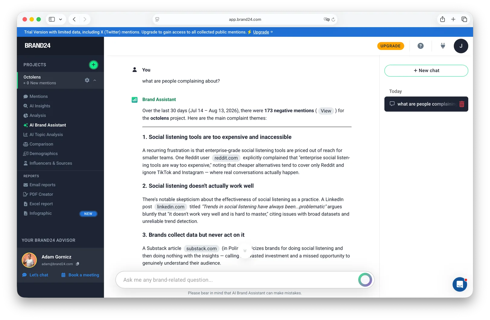Brand24's AI Brand Assistant answering "what are people complaining about?" during our trial — it summarizes complaint themes across all keywords in the project without separating our brand from the competitor we tracked