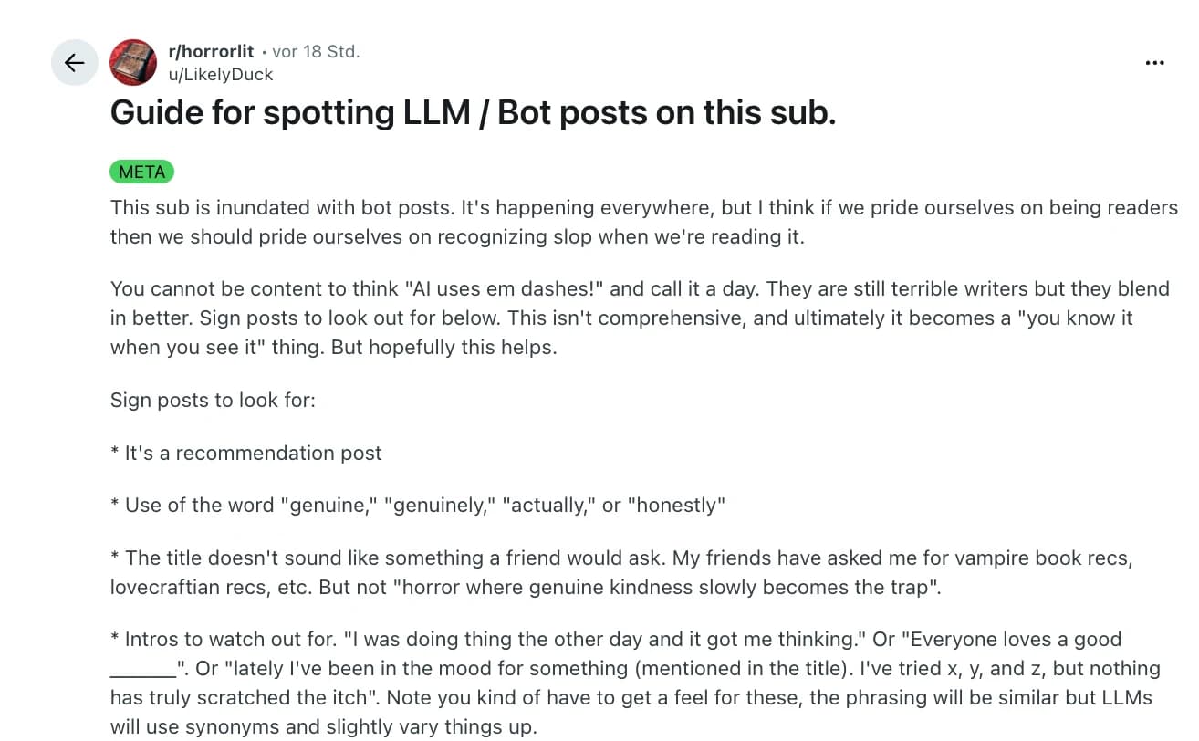 Community post in r/horrorlit titled "Guide for spotting LLM / Bot posts on this sub", listing tells of AI-generated recommendation posts such as overuse of "genuine" and "honestly", formulaic intros, and titles no friend would ask
