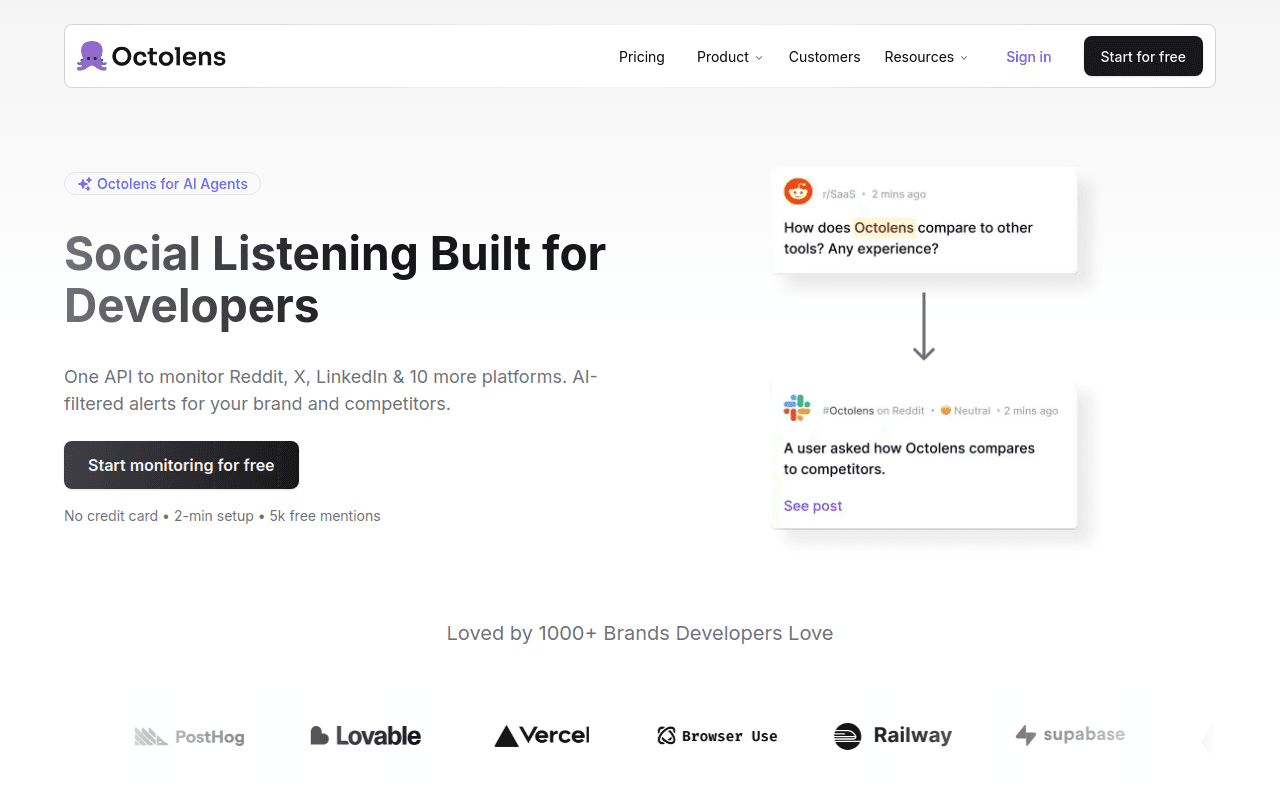 Octolens homepage — social listening built for developers with API-first architecture