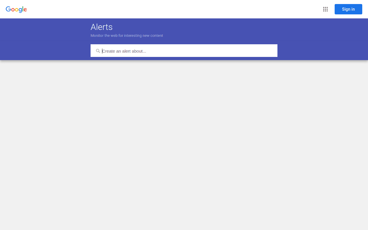 Google Alerts setup page for monitoring the web for new content matching your keywords
