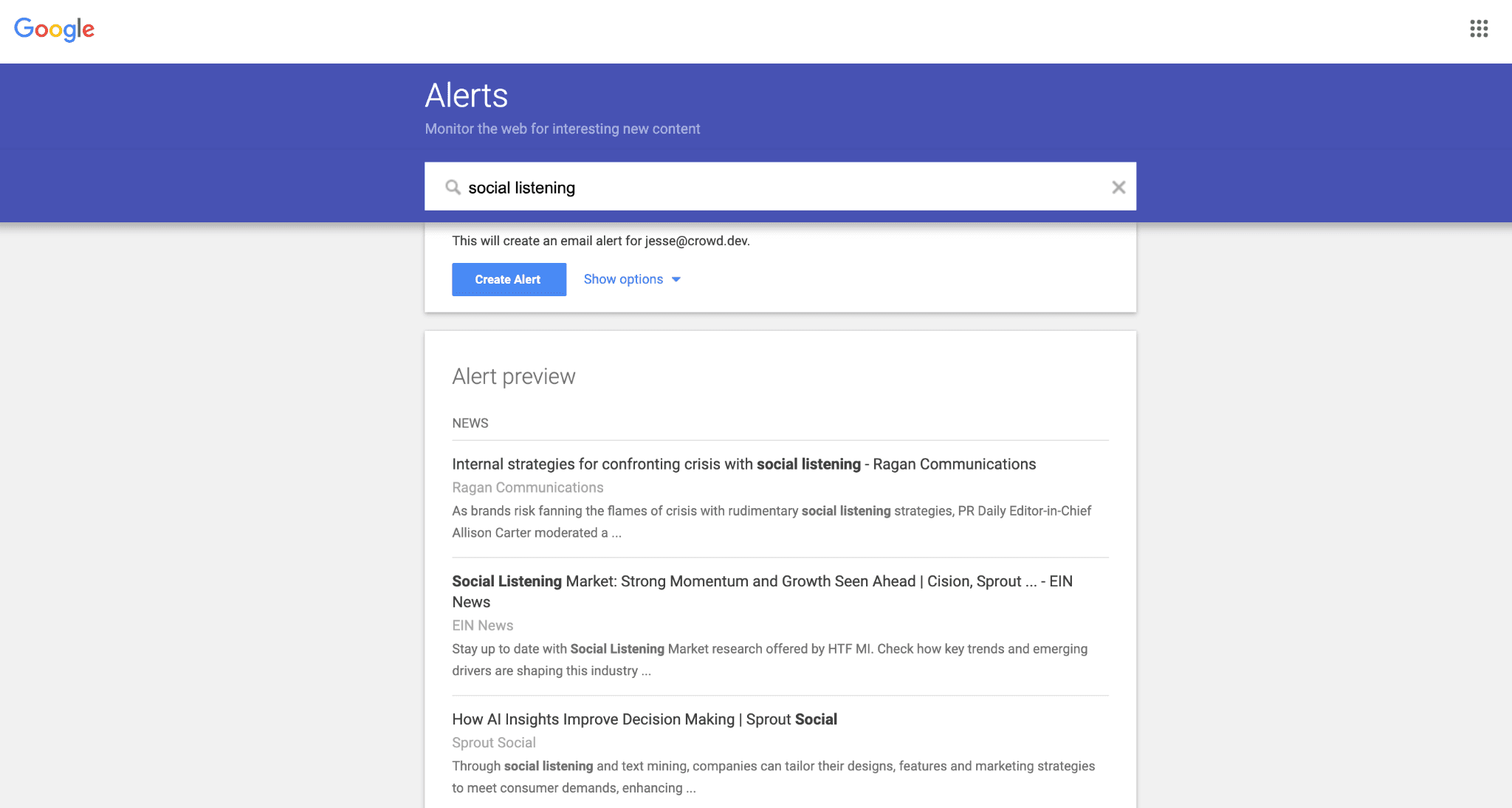 Google Alerts user interface