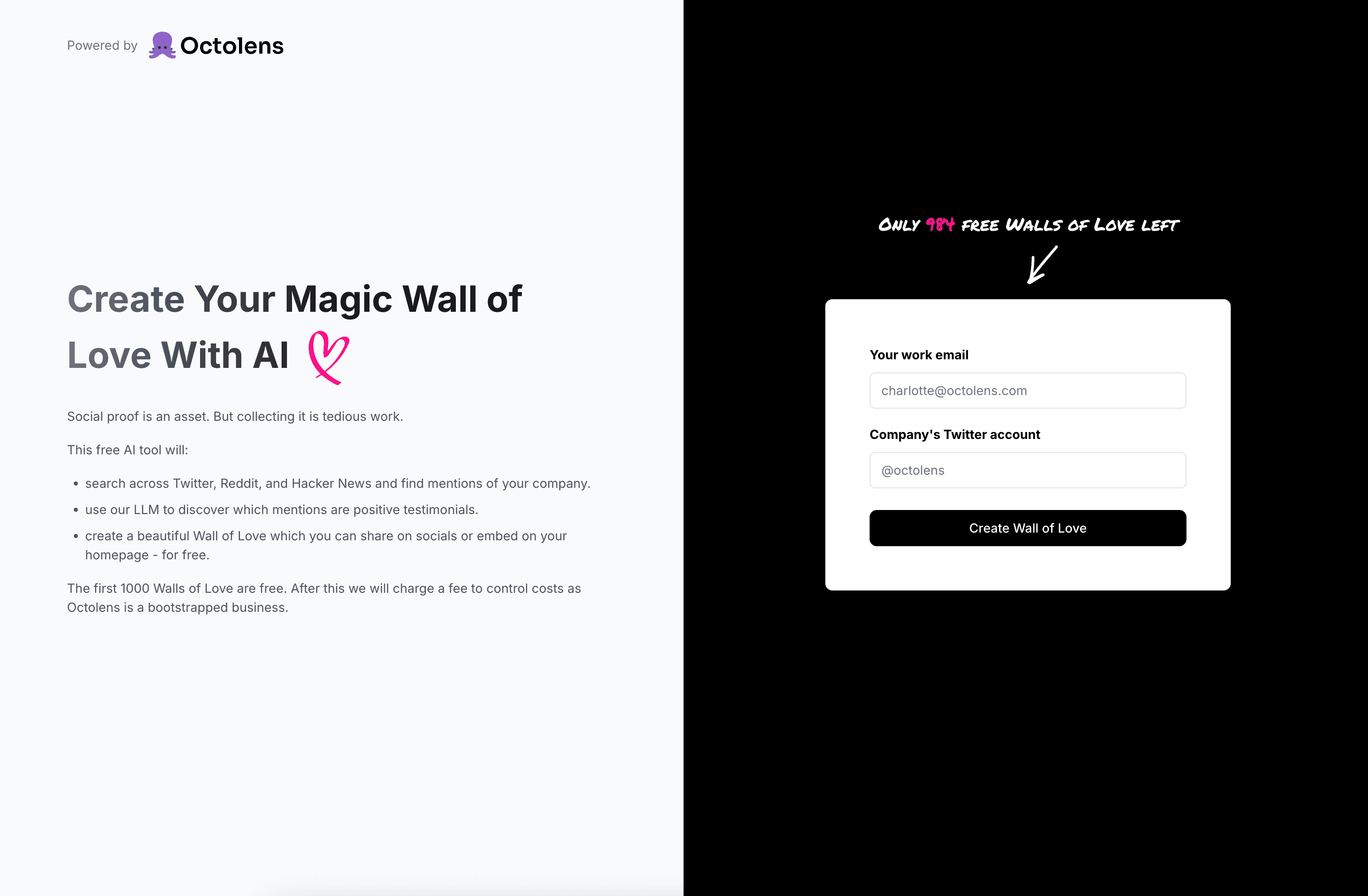 wall of love landing page