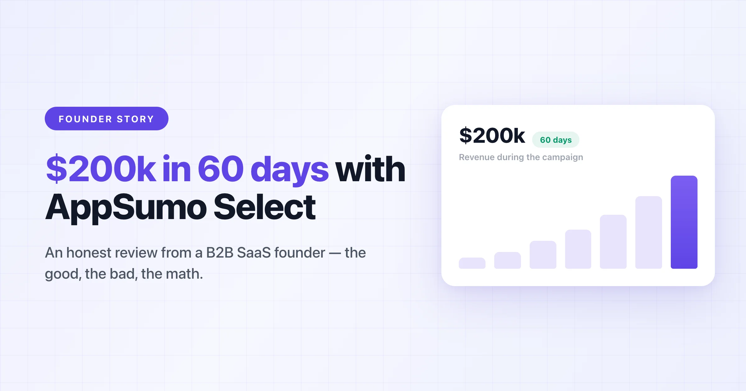 Founder story cover: $200k in 60 days with AppSumo Select, with a rising revenue chart
