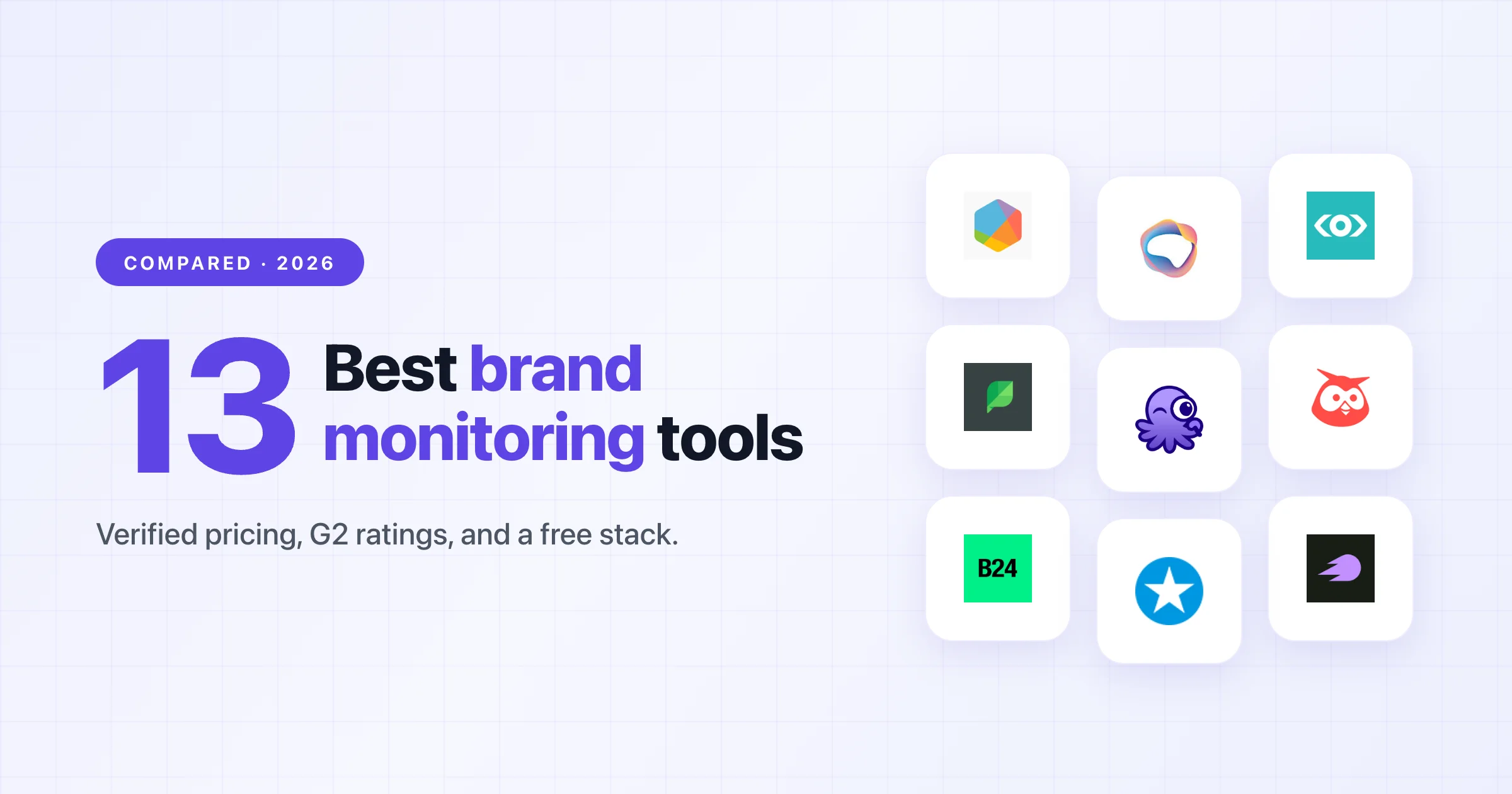 Cover for the 13 best brand monitoring tools in 2026, with logos of Brandwatch, Talkwalker, Meltwater, Sprout Social, Octolens, and more