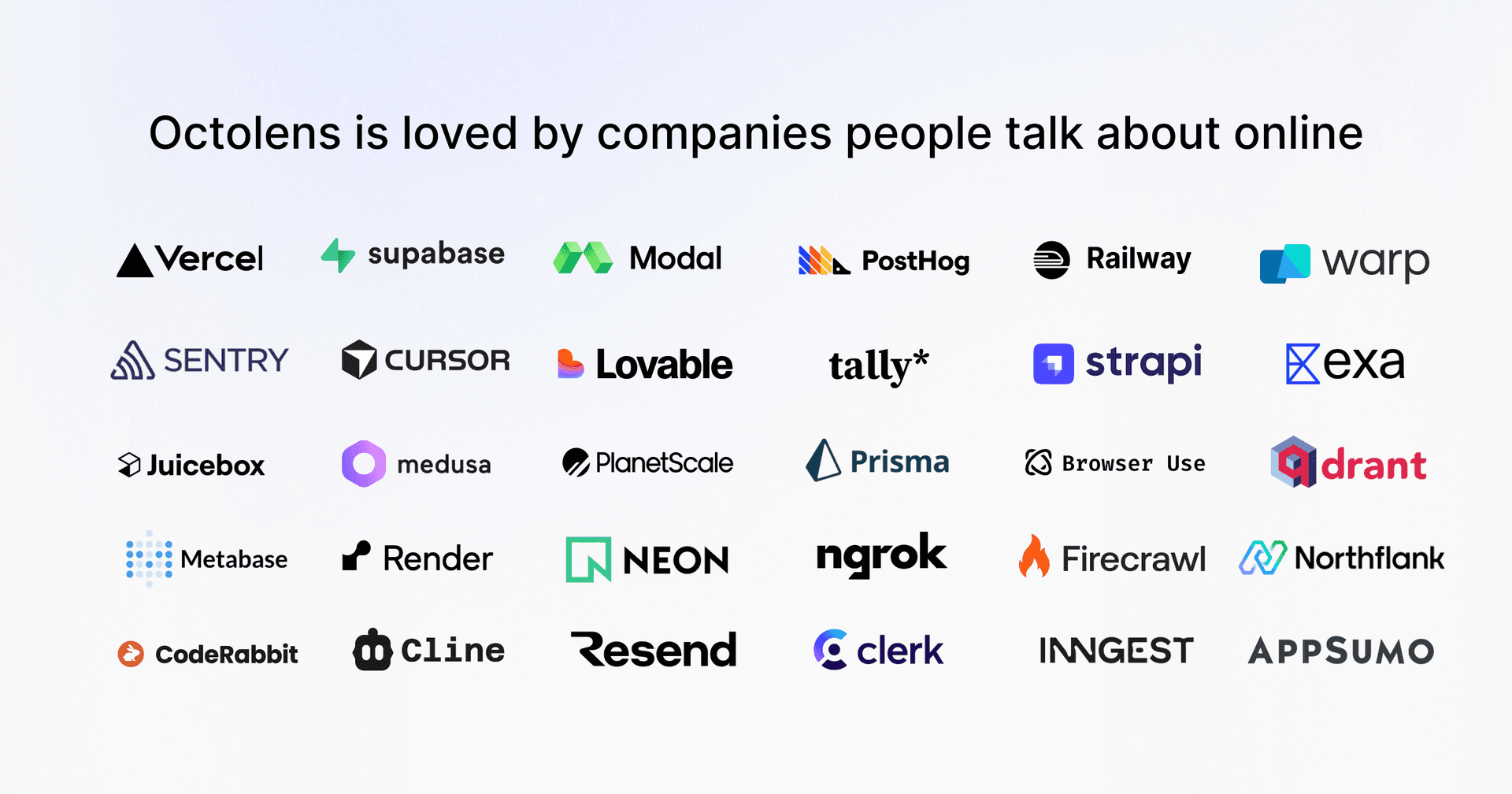A grid of company logos Octolens monitors, including Vercel, Supabase, PostHog, Prisma, Tally, Sentry, Cursor, Clerk and more, under the heading "Octolens is loved by companies people talk about online"