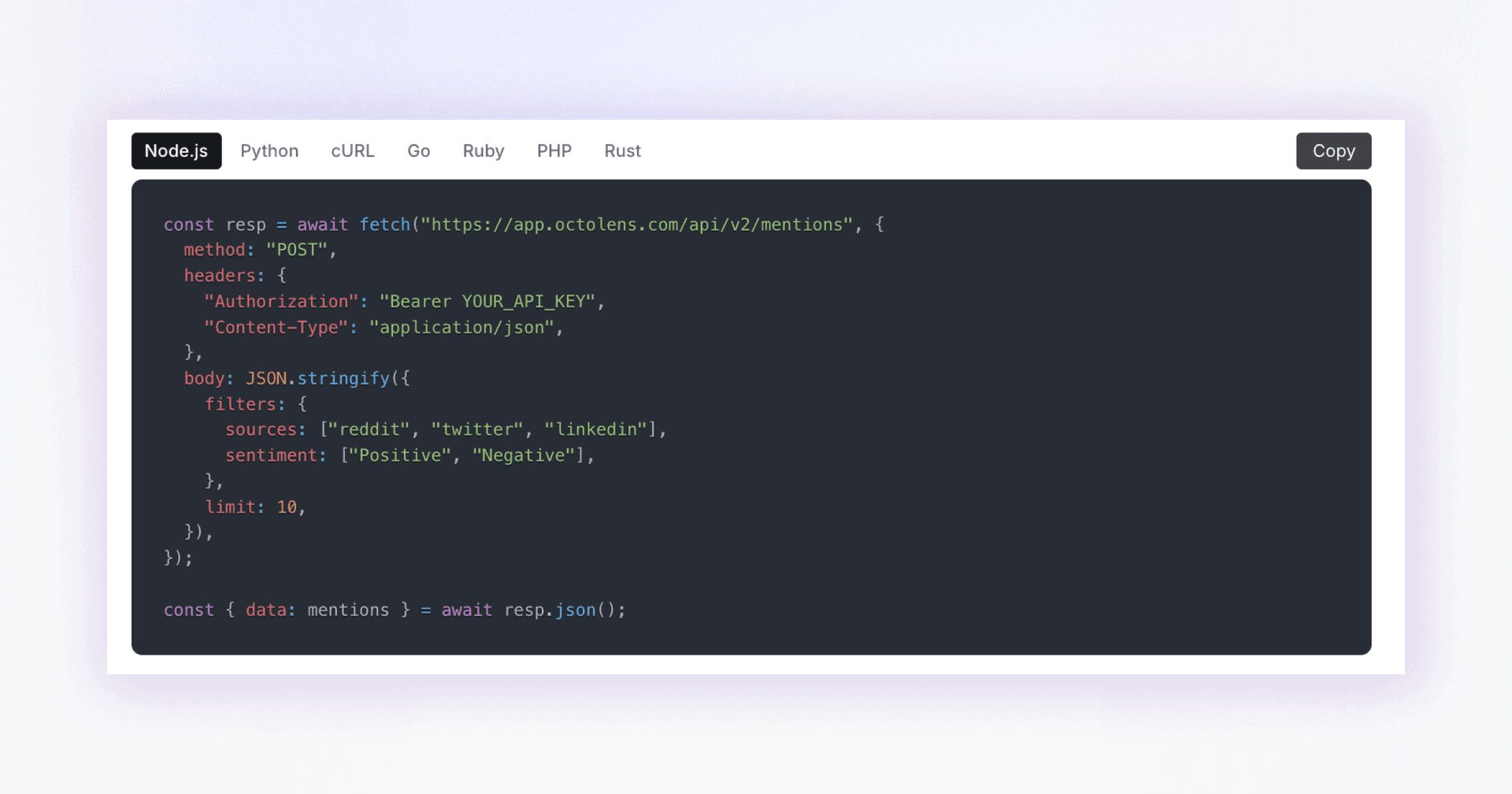 A Node.js code snippet showing a fetch request to the Octolens v2 API mentions endpoint, with language tabs for Python, cURL, Go, Ruby, PHP and Rust