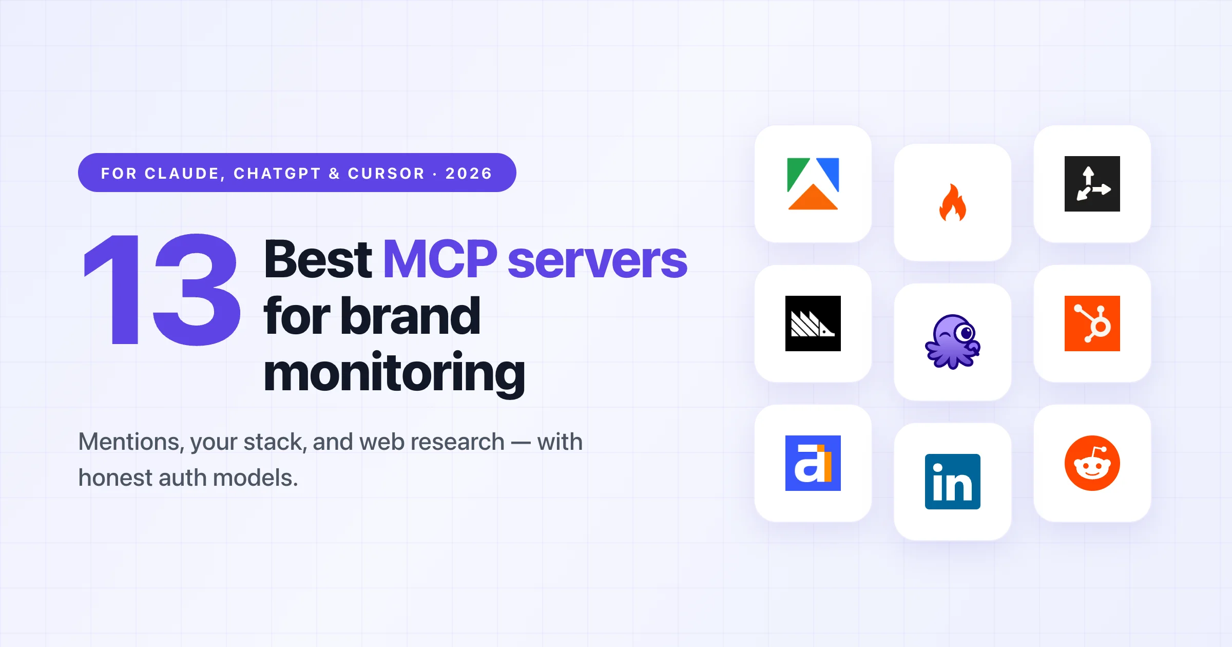 Cover for the 13 best MCP servers for brand monitoring and marketing in 2026, with logos of Apify, Firecrawl, Tavily, PostHog, Octolens, HubSpot, Ahrefs, LinkedIn, and Reddit