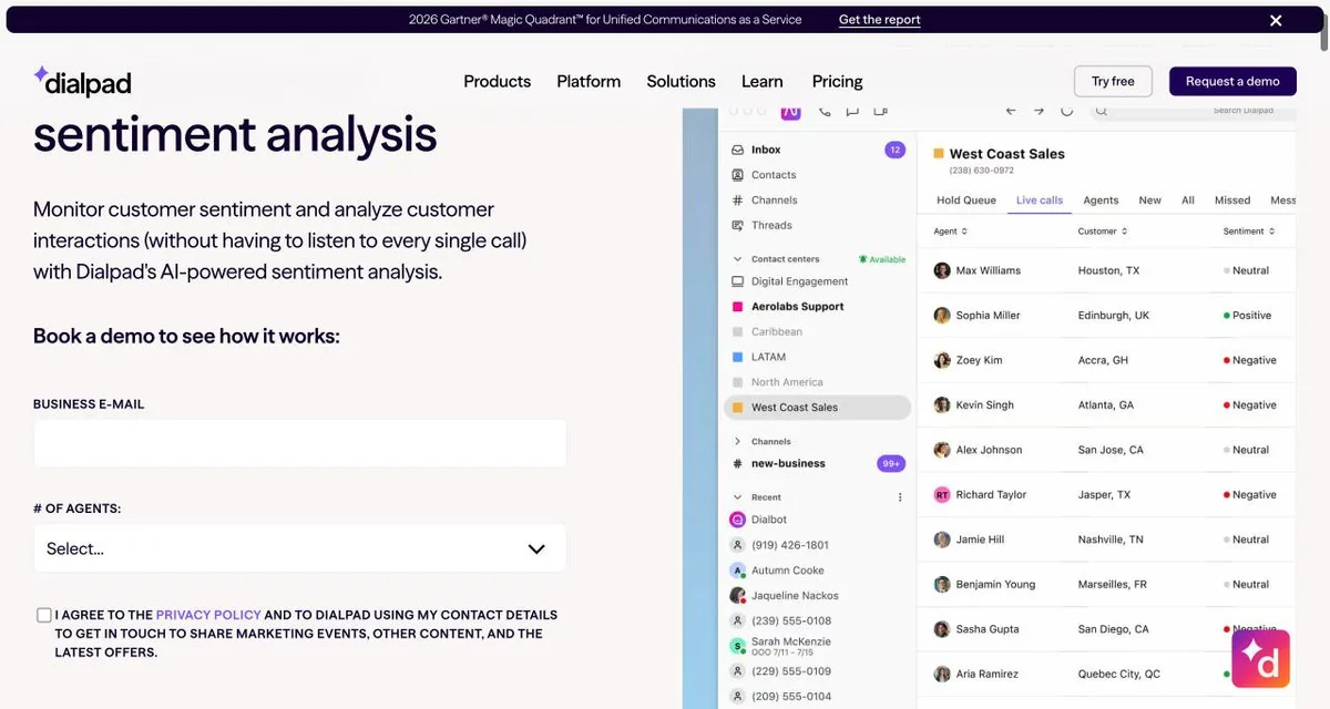 Dialpad's contact center sentiment analysis feature page — a live calls board with per-call positive, neutral, and negative sentiment labels