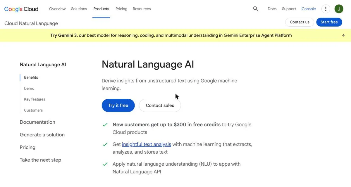 Google Cloud Natural Language AI product page — text analysis with entity, sentiment, and syntax analysis on Google Cloud