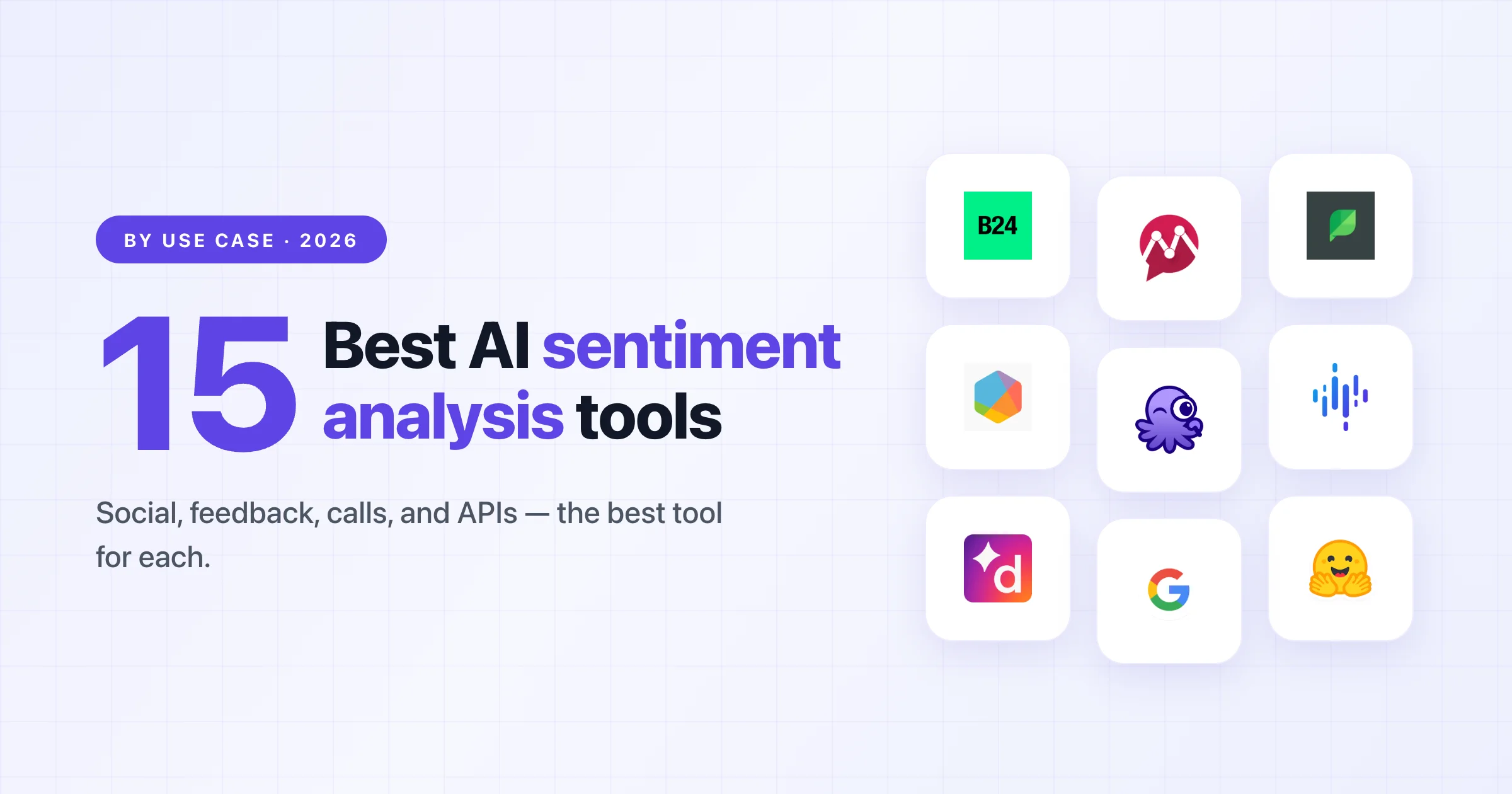 Cover for the 15 best AI sentiment analysis tools in 2026 by use case, with logos of Brand24, Mentionlytics, Sprout Social, Octolens, Brandwatch, Qualtrics, Hugging Face, and more