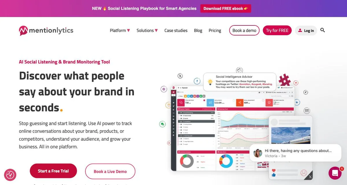 Mentionlytics website — AI social listening and brand monitoring dashboard with sentiment charts and mention feeds