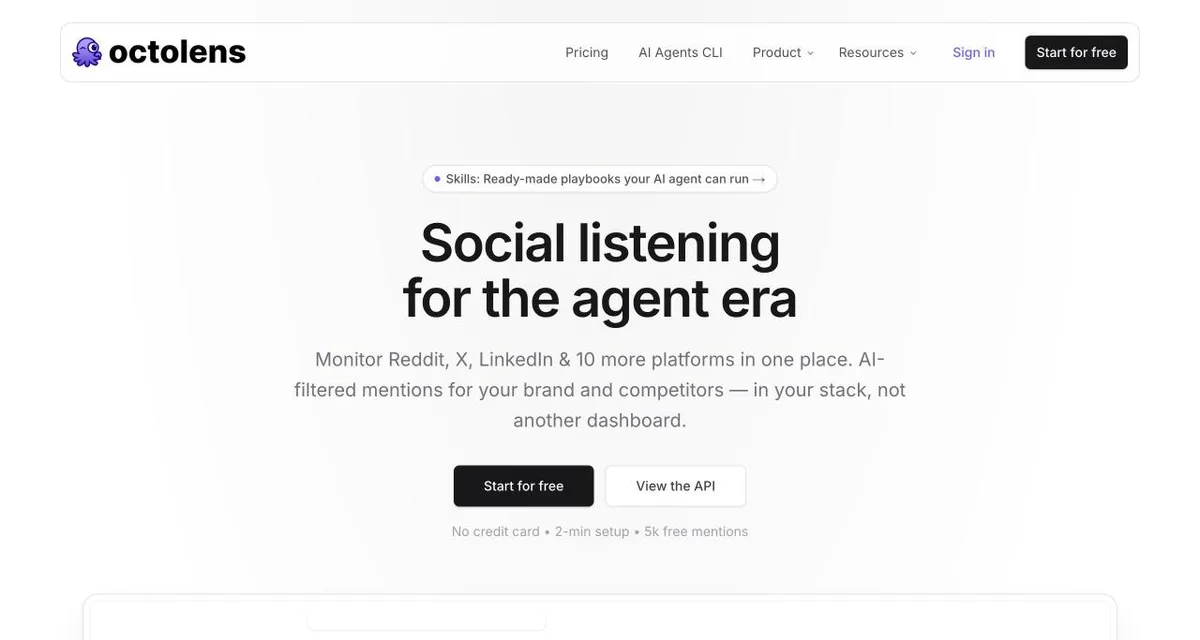 Octolens homepage — social listening for the agent era, with AI-filtered mentions flowing through relevance and sentiment classification