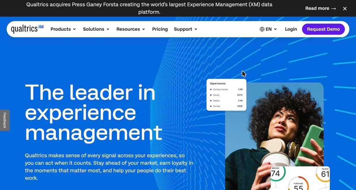 Qualtrics homepage — experience management platform showing signal sources across contact center, social, digital, and survey