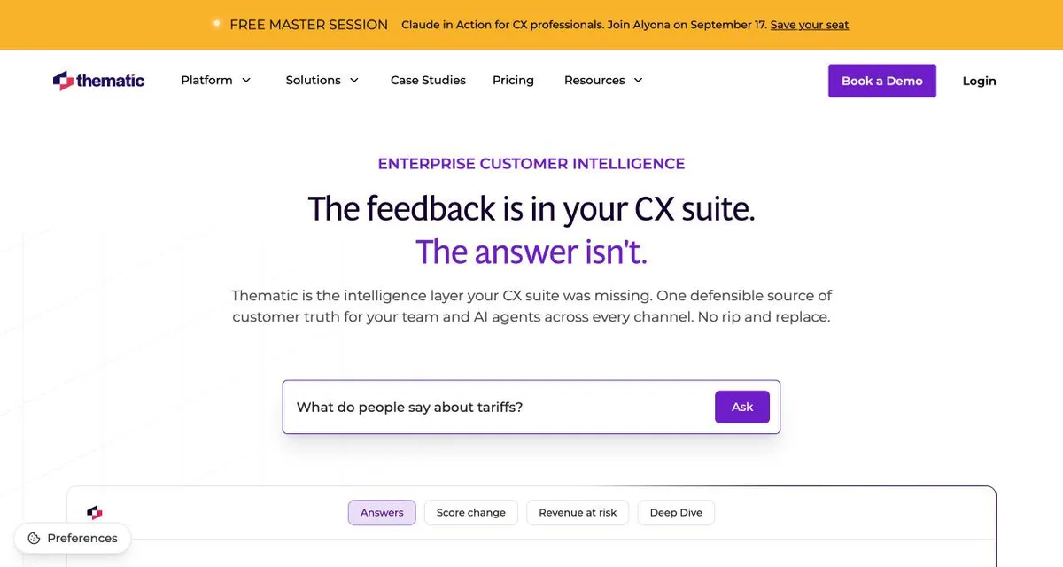 Thematic website — enterprise customer intelligence with AI theme discovery over feedback, showing themed analysis of app reviews