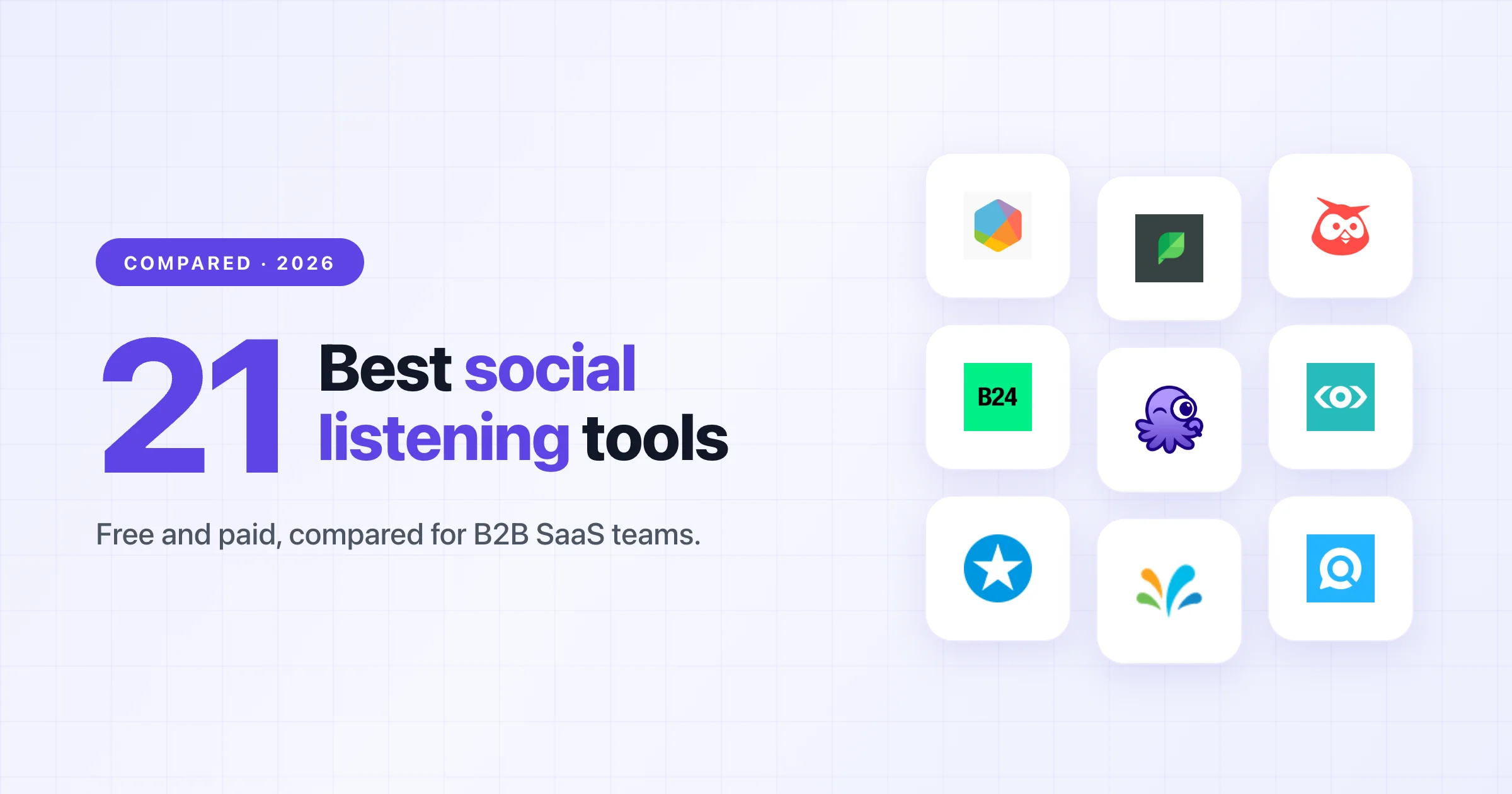 Cover for the 21 best social listening tools in 2026 compared, with logos of Brandwatch, Sprout Social, Hootsuite, Brand24, Octolens, and more