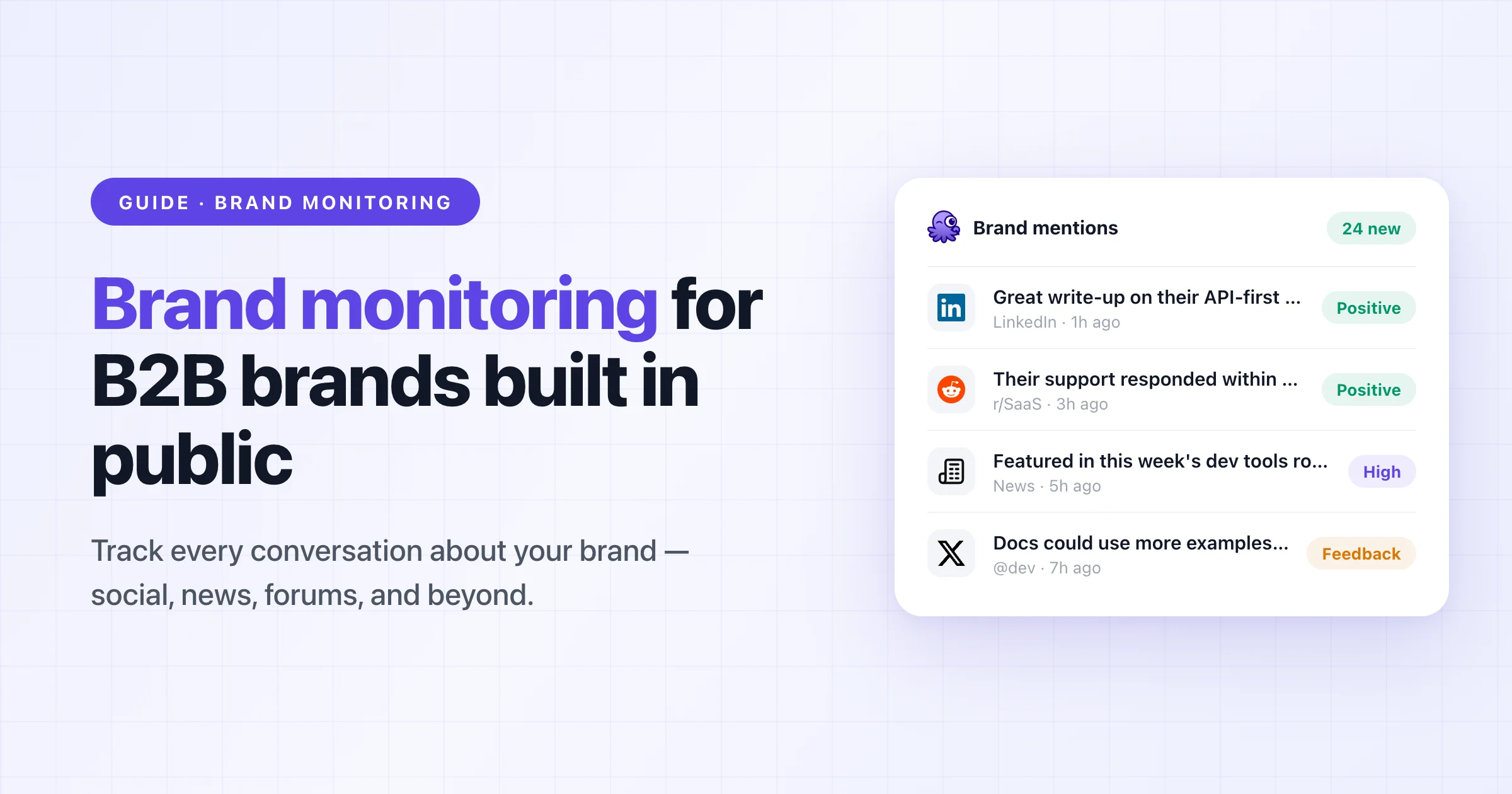Guide cover: brand monitoring for B2B brands built in public, with a brand mention feed