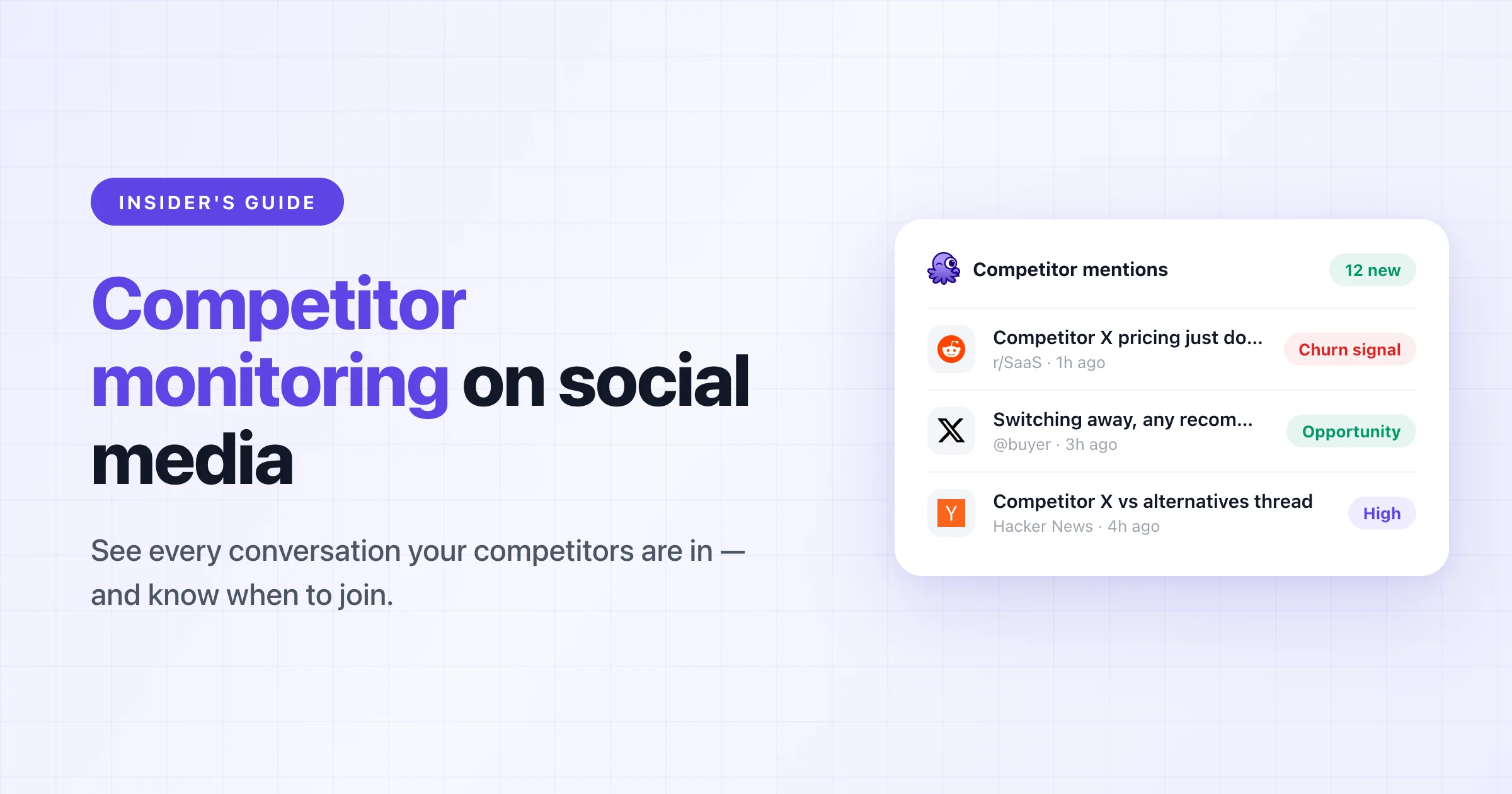 Guide cover: competitor monitoring on social media, with a feed of competitor mentions and buying signals
