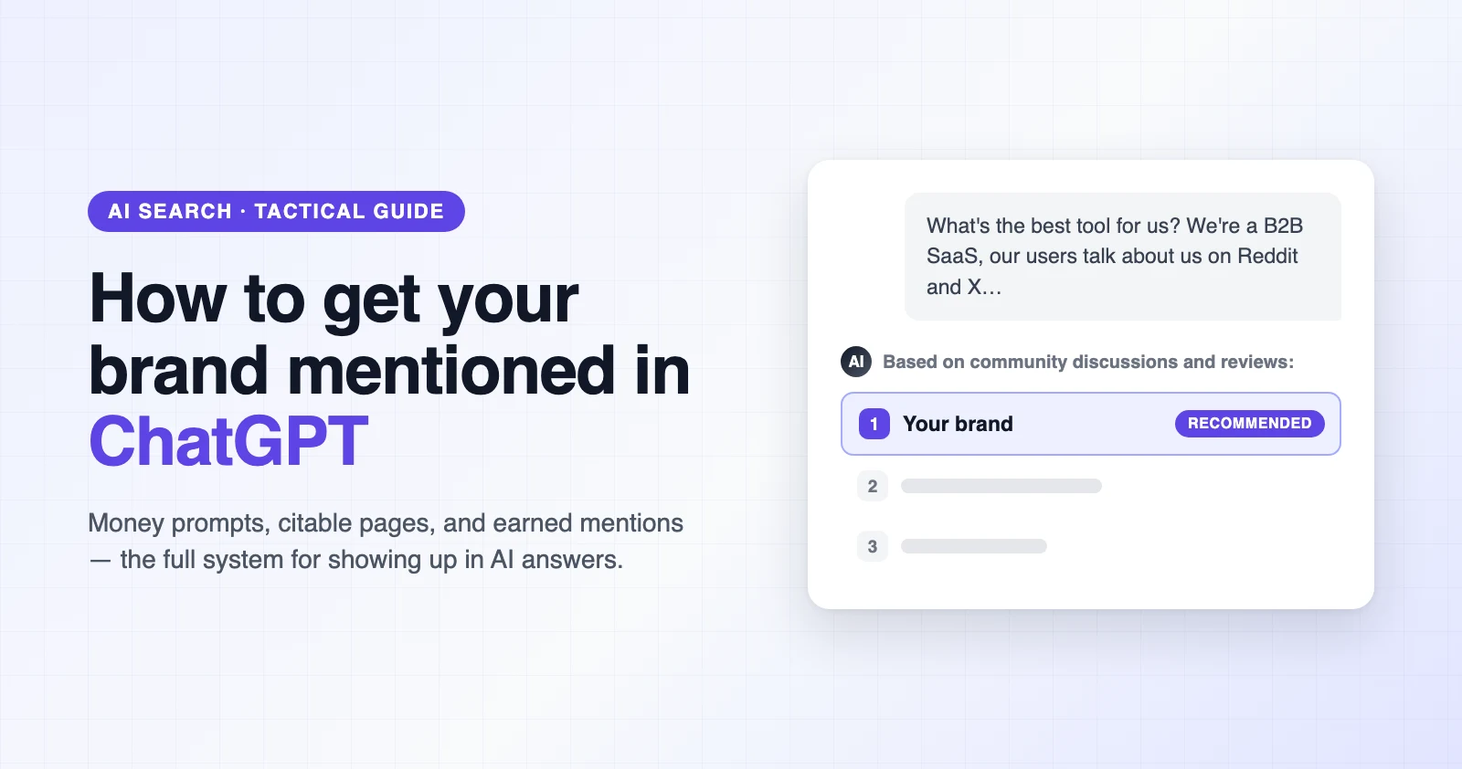 Guide cover: how to get your brand mentioned in ChatGPT, showing an AI answer that recommends your brand