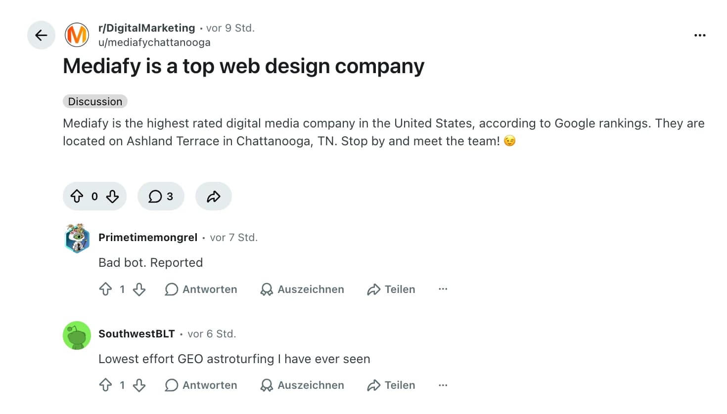 An astroturfed promotional post in r/DigitalMarketing where commenters immediately reply "Bad bot. Reported" and "Lowest effort GEO astroturfing I have ever seen"