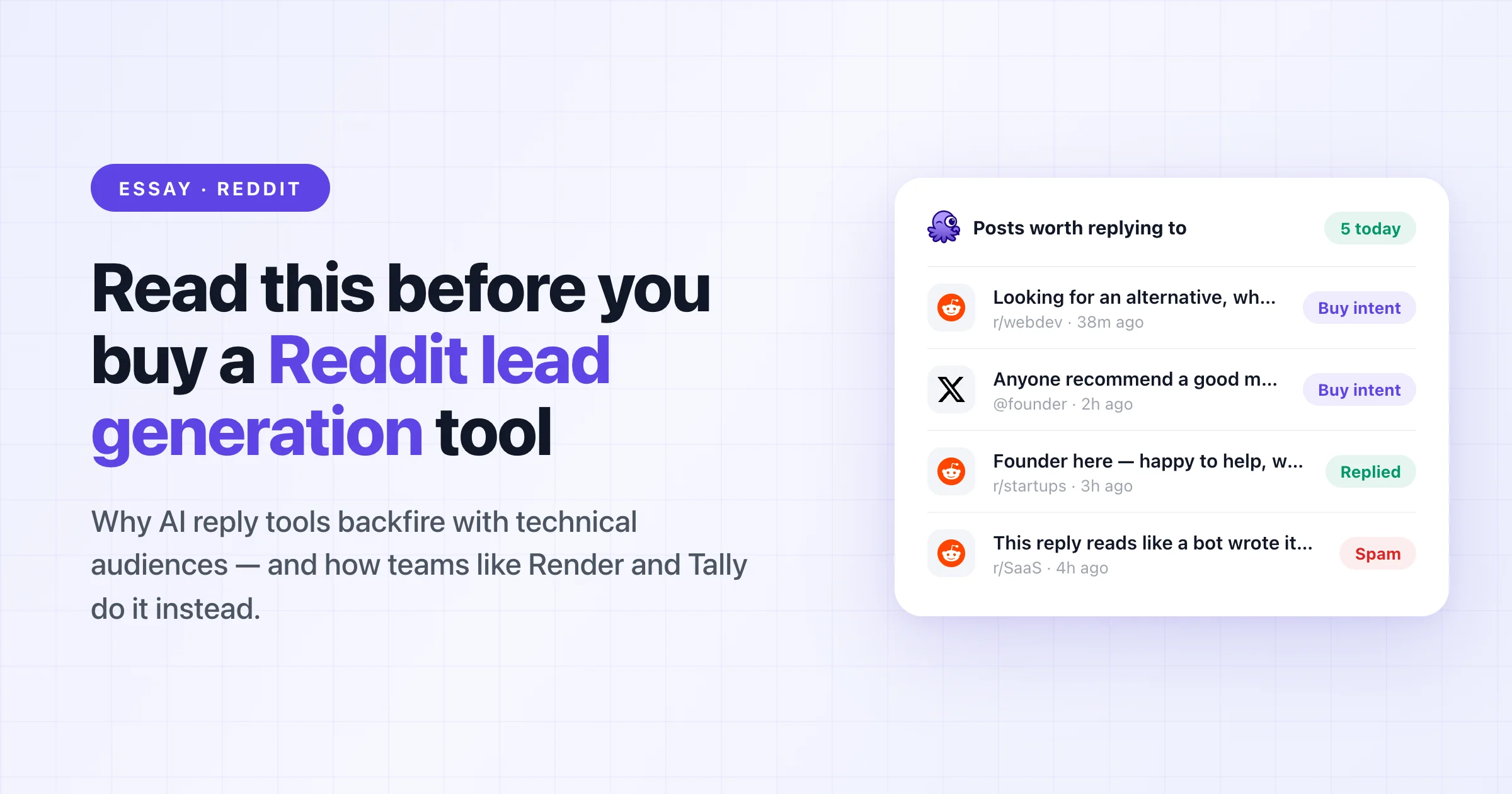 Cover reading 'Read this before you buy a Reddit lead generation tool', next to a feed of posts worth replying to where buy-intent questions sit alongside a reply flagged as spam for reading like a bot wrote it