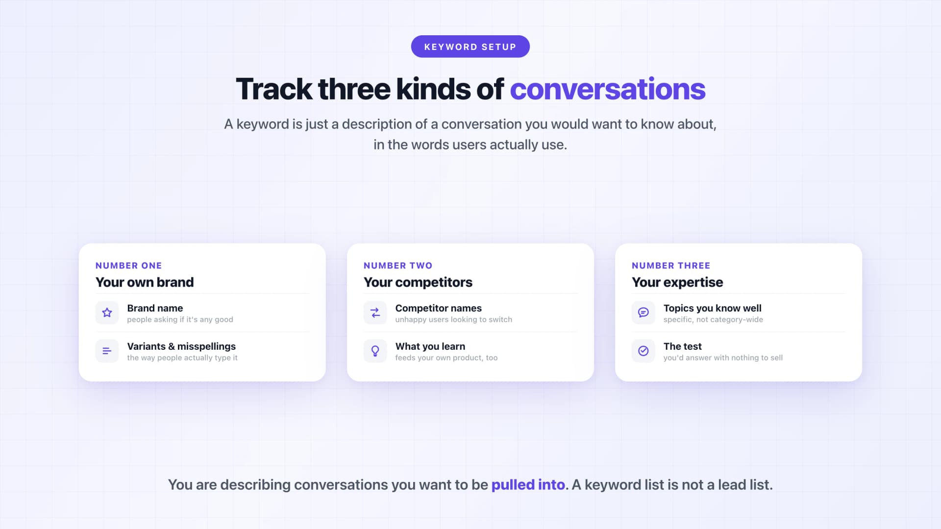 The three kinds of conversations to track for Reddit lead generation: your own brand, competitor names, and topics you know well