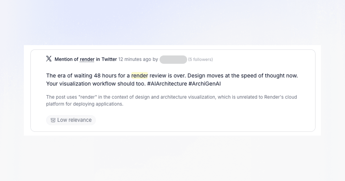 A low-relevance mention of the word Render filtered out by Octolens