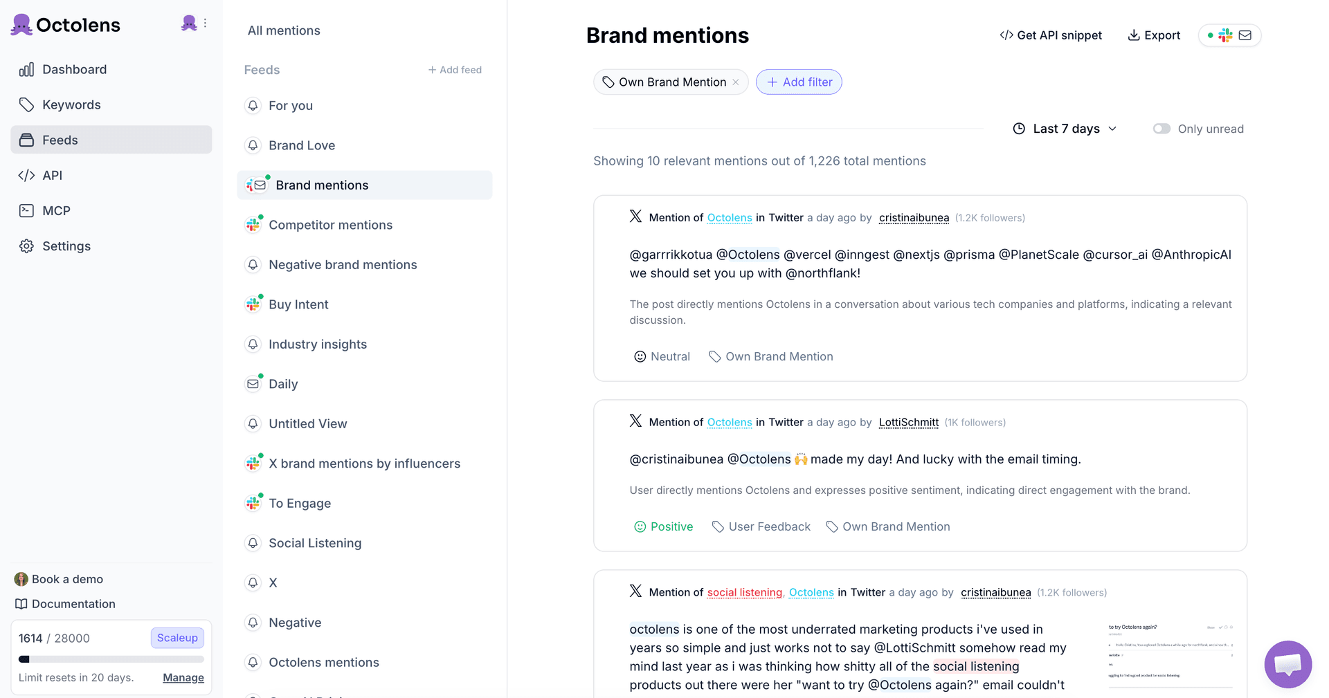 Octolens product feed showing social signals across platforms with AI tags and sentiment