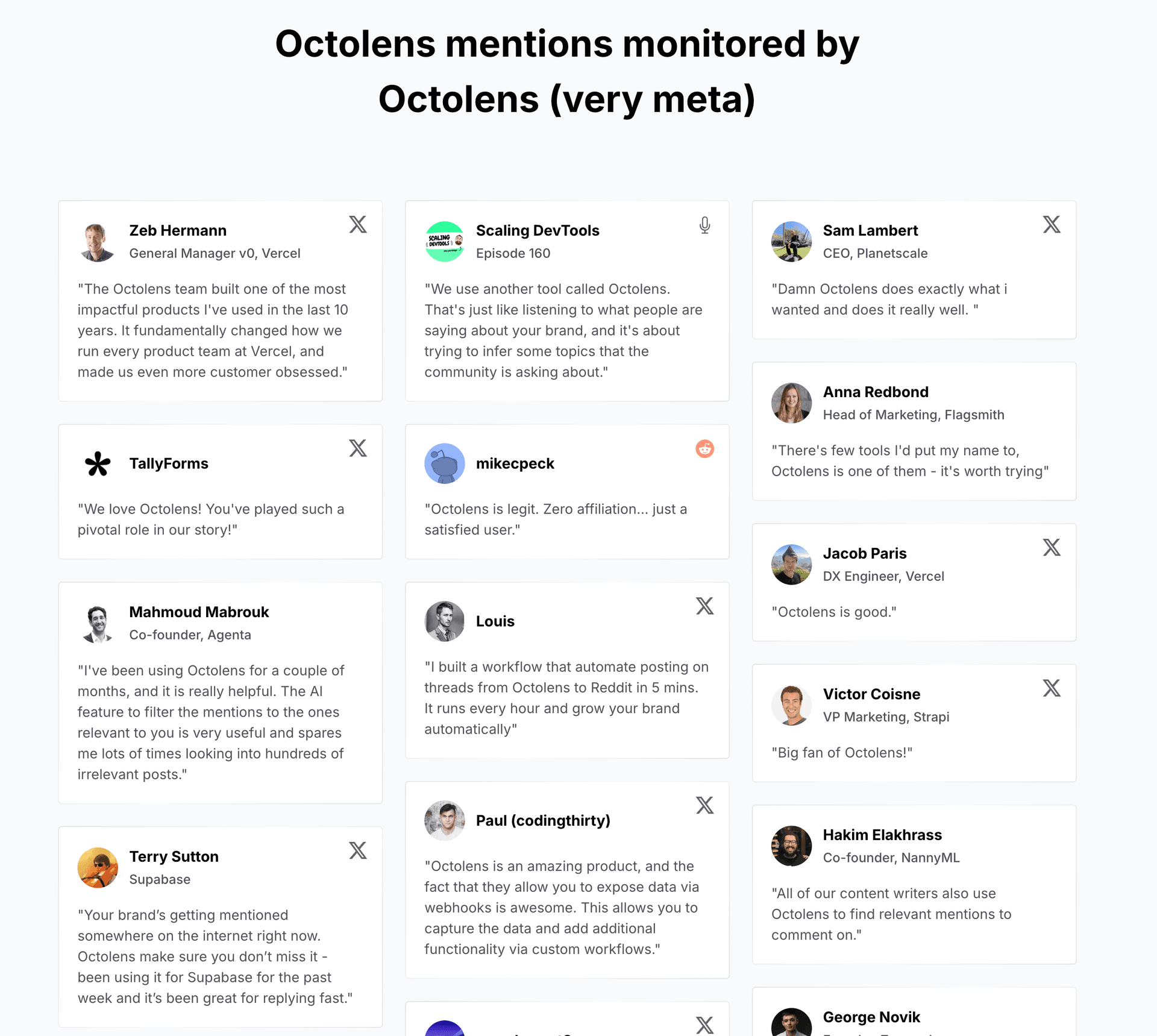 Octolens wall of love built from Reddit, Twitter, and LinkedIn mentions