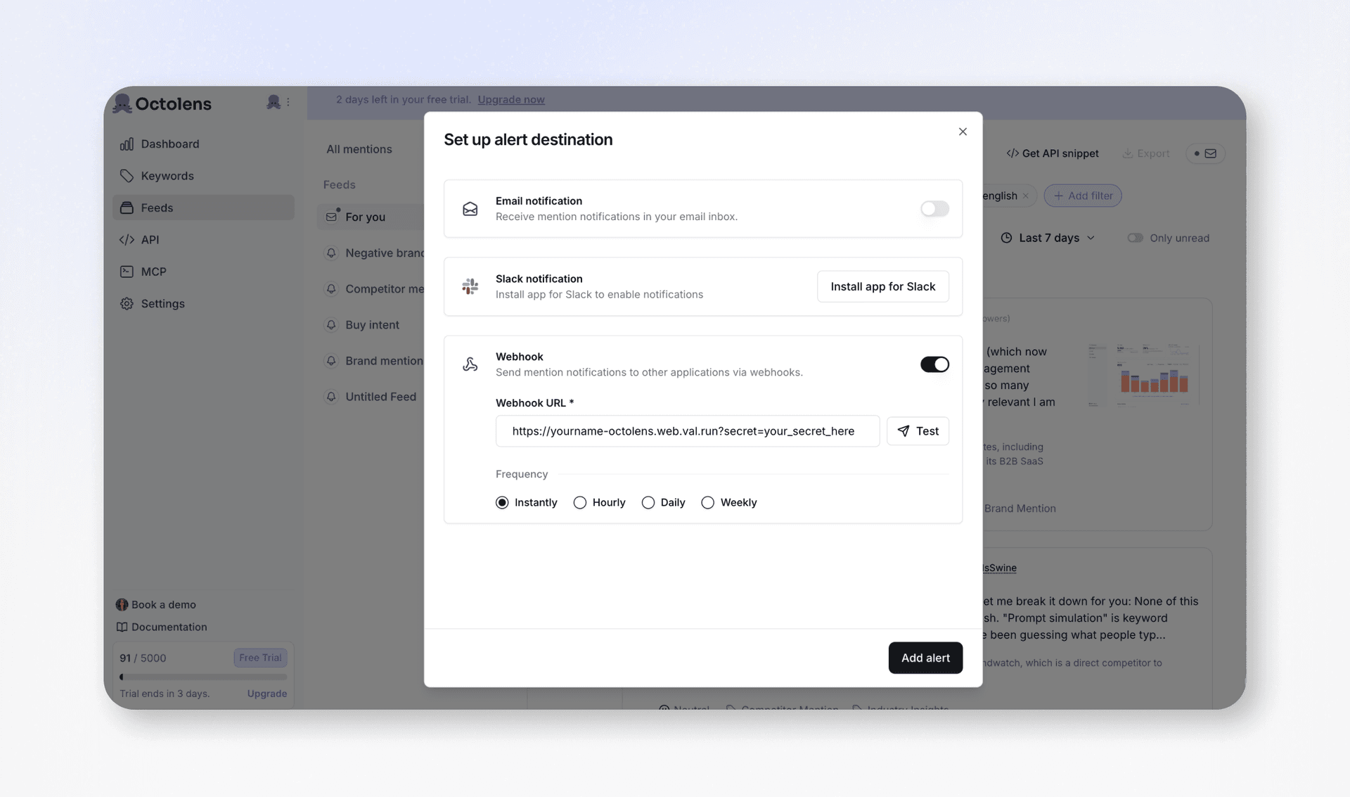 Setting up a webhook alert destination in Octolens with a Val Town endpoint URL