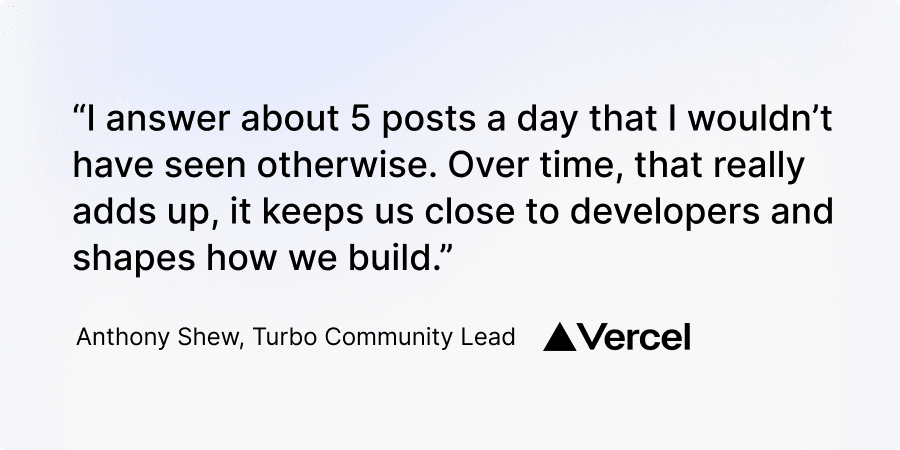 "I answer about 5 posts a day that I wouldn't have seen otherwise. Over time, that really adds up, it keeps us close to developers and shapes how we build." Anthony Shew, Turbo Community Lead, Vercel