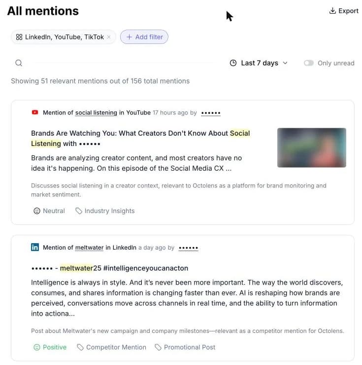 Octolens feed filtered to LinkedIn, YouTube and TikTok, showing 51 relevant mentions out of 156 in the last 7 days