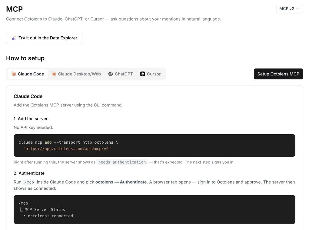 Octolens MCP setup page: no API key needed, sign in with OAuth