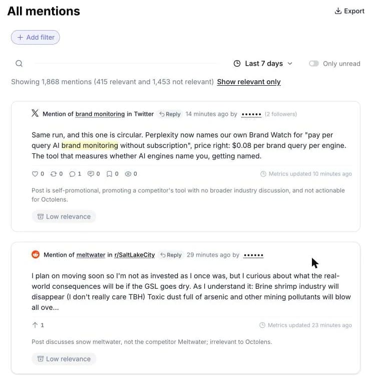 Octolens feed showing a Reddit post about snow meltwater marked low relevance with the AI reason