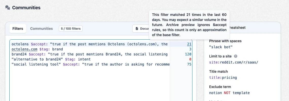 Syften community filter editor with $accept AI rules and 60-day match counts
