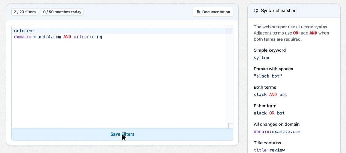 Syften web filter editor with a filter watching brand24.com pricing pages
