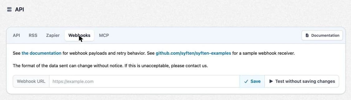 Syften webhook settings with a single webhook URL field