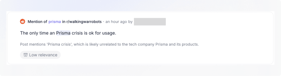 Irrelevant mention marked as low relevance with our AI