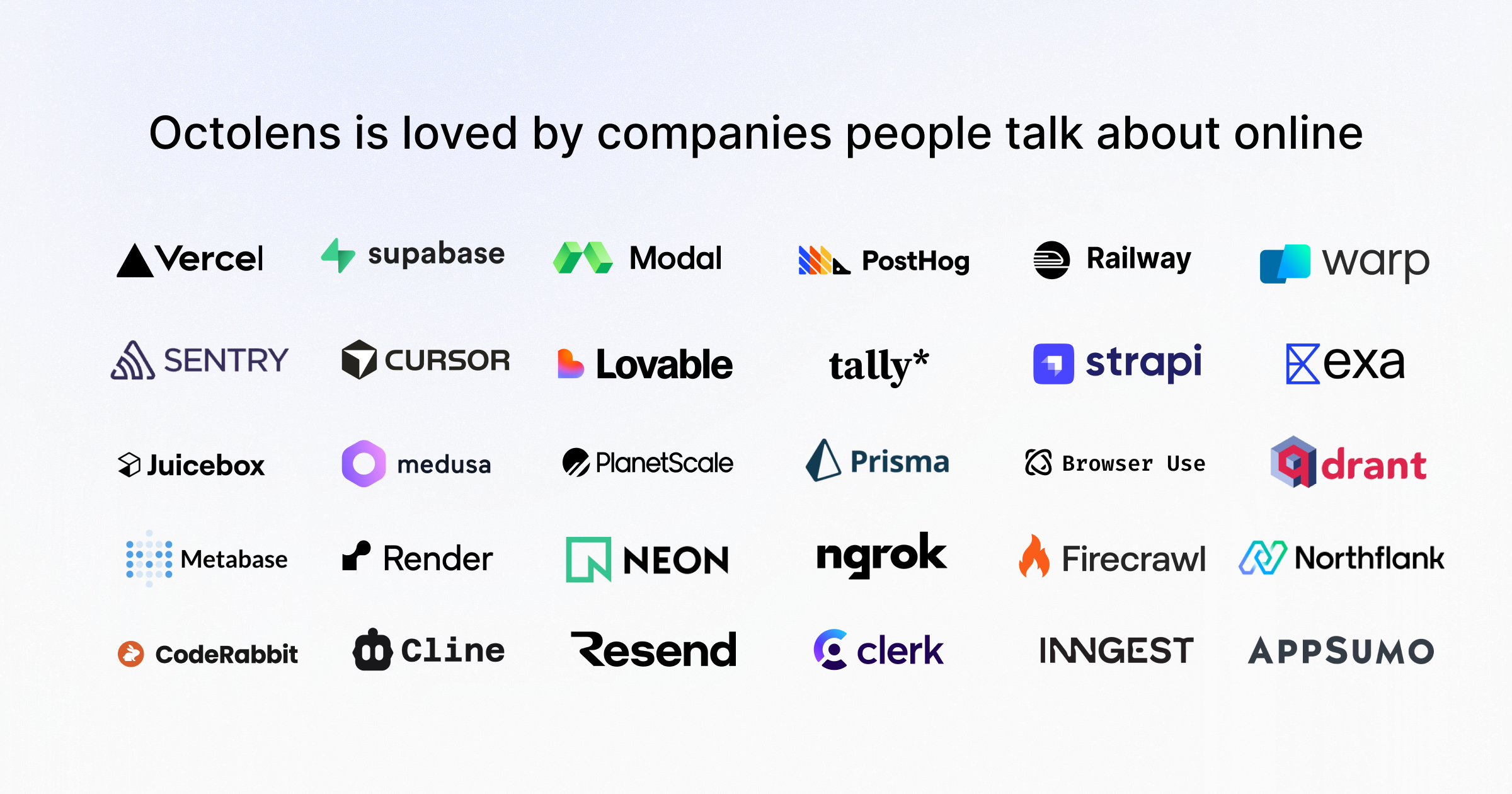 A grid of company logos Octolens monitors, including Vercel, Supabase, PostHog, Prisma, Tally, Sentry, Cursor, Clerk and more, under the heading "Octolens is loved by companies people talk about online"