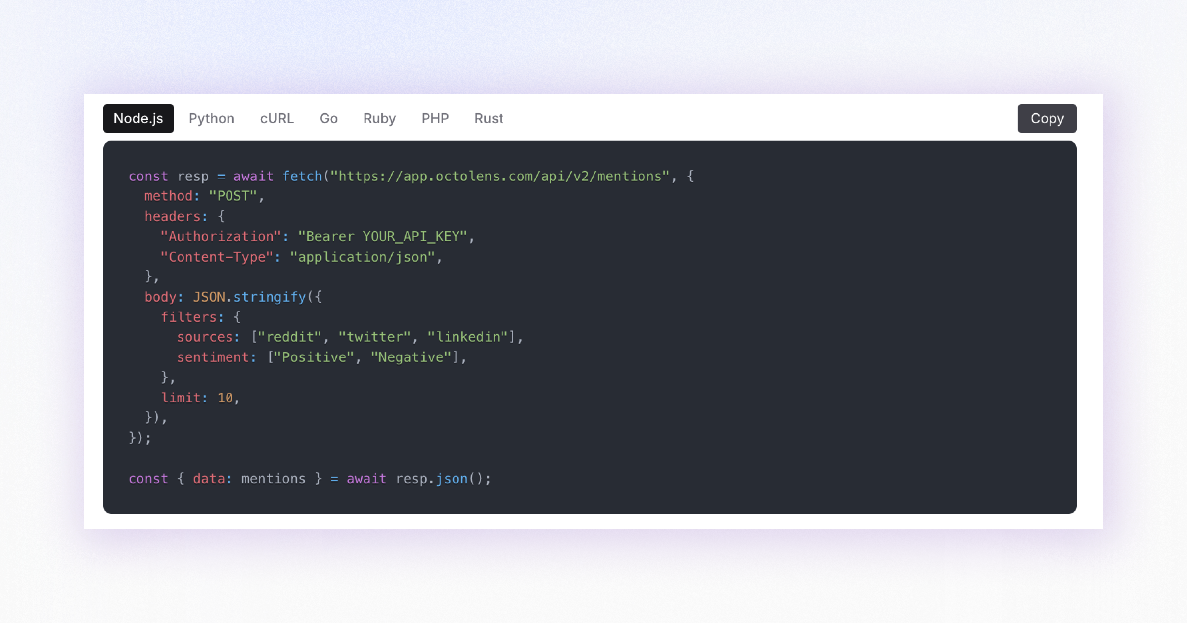 A Node.js code snippet showing a fetch request to the Octolens v2 API mentions endpoint, with language tabs for Python, cURL, Go, Ruby, PHP and Rust