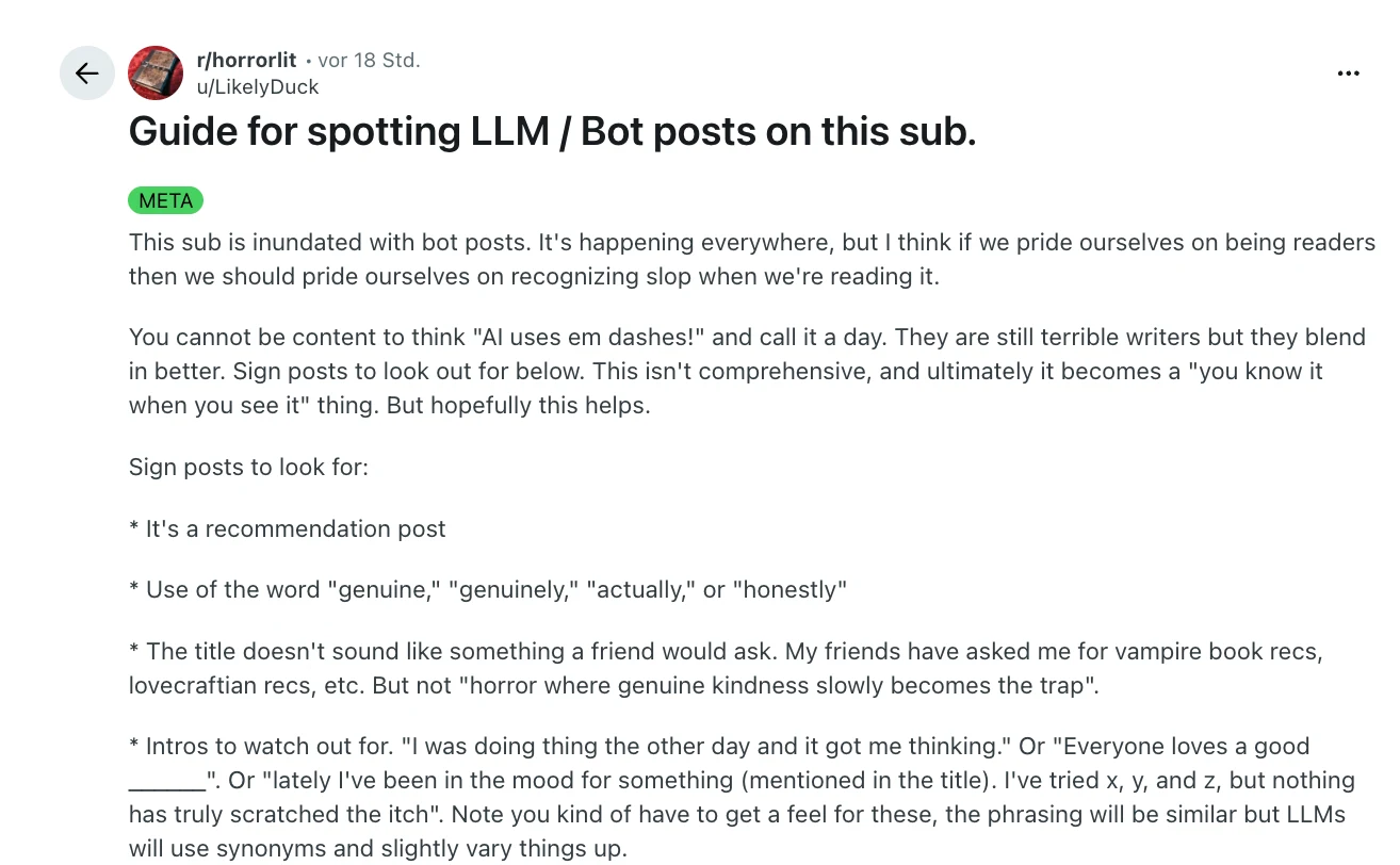 Community post in r/horrorlit titled "Guide for spotting LLM / Bot posts on this sub", listing tells of AI-generated recommendation posts such as overuse of "genuine" and "honestly", formulaic intros, and titles no friend would ask