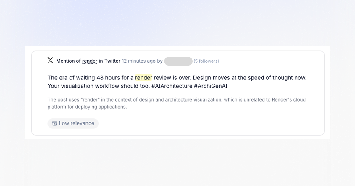 A low-relevance mention of the word Render filtered out by Octolens