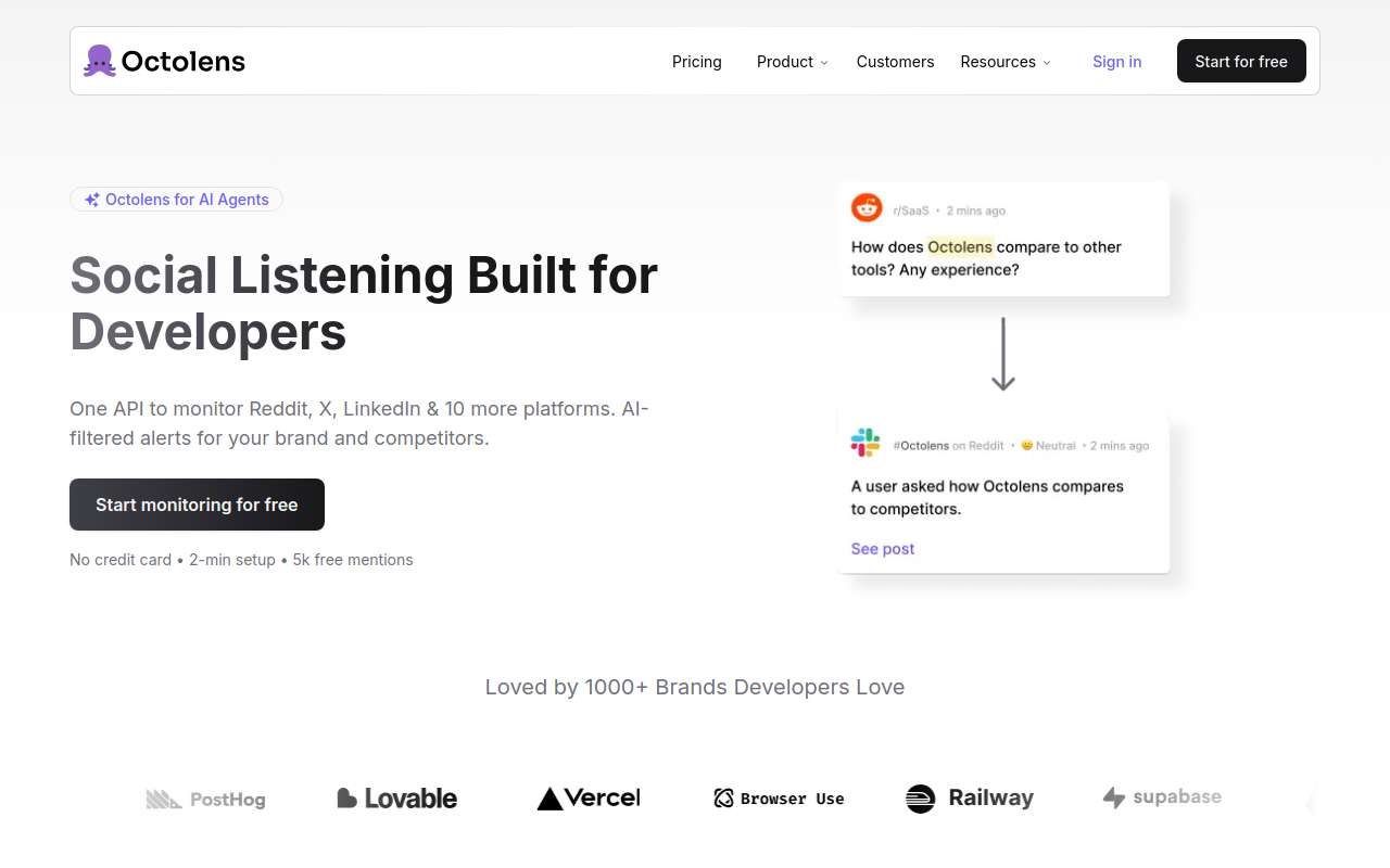 Octolens homepage — social listening built for developers with API-first architecture