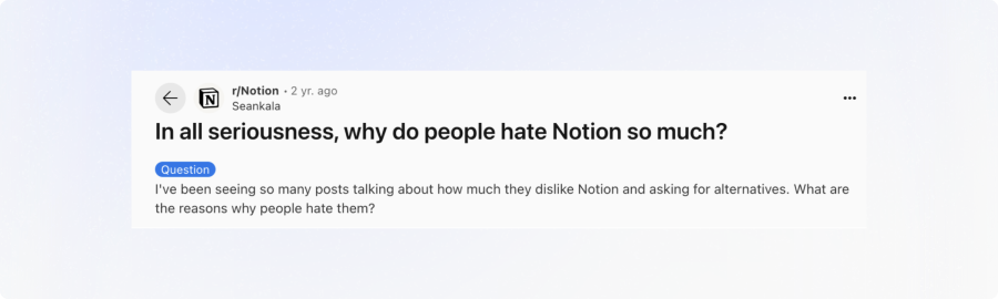 Reddit brand mention example showing Notion being discussed by users
