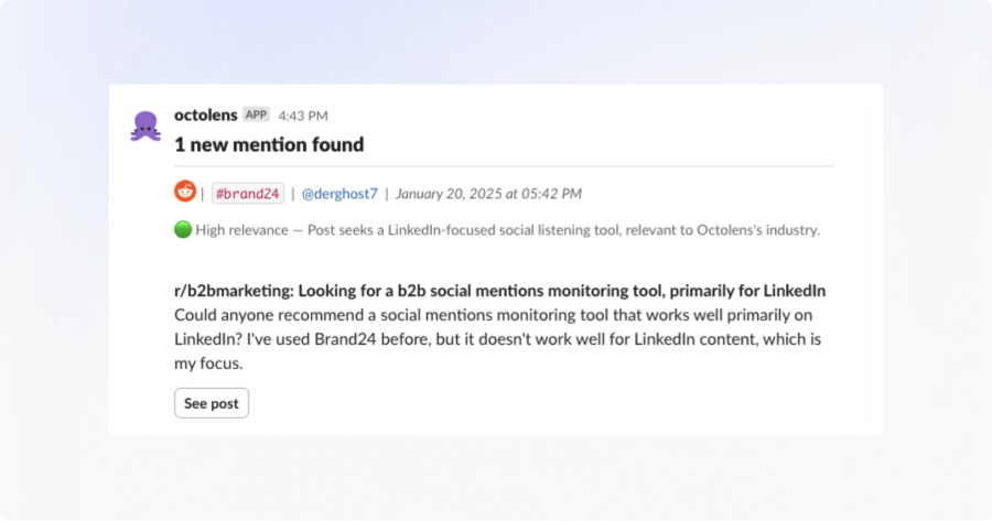 Octolens Slack alert notifying about a high-relevance competitor mention
