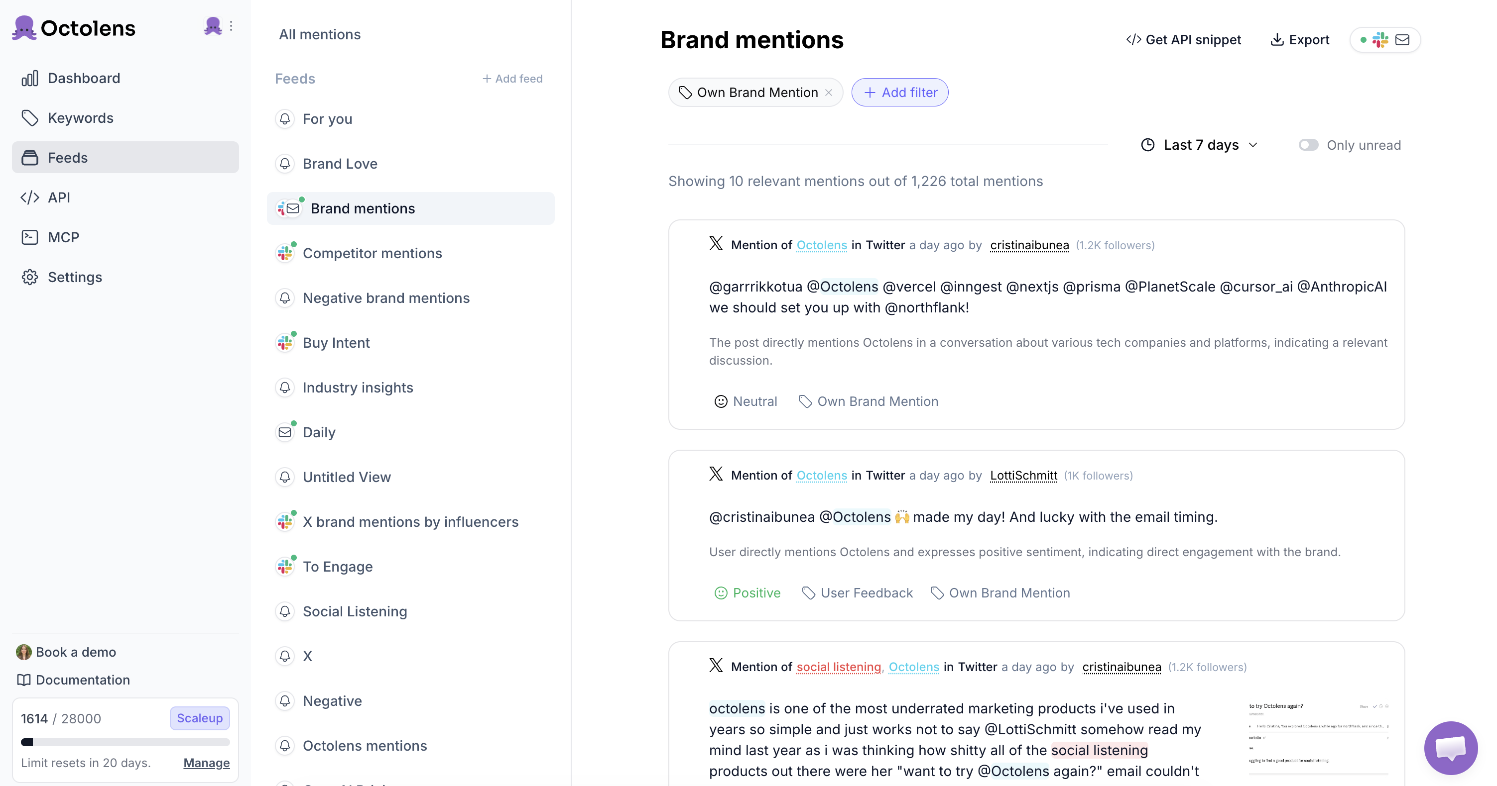 Octolens product feed showing social signals across platforms with AI tags and sentiment