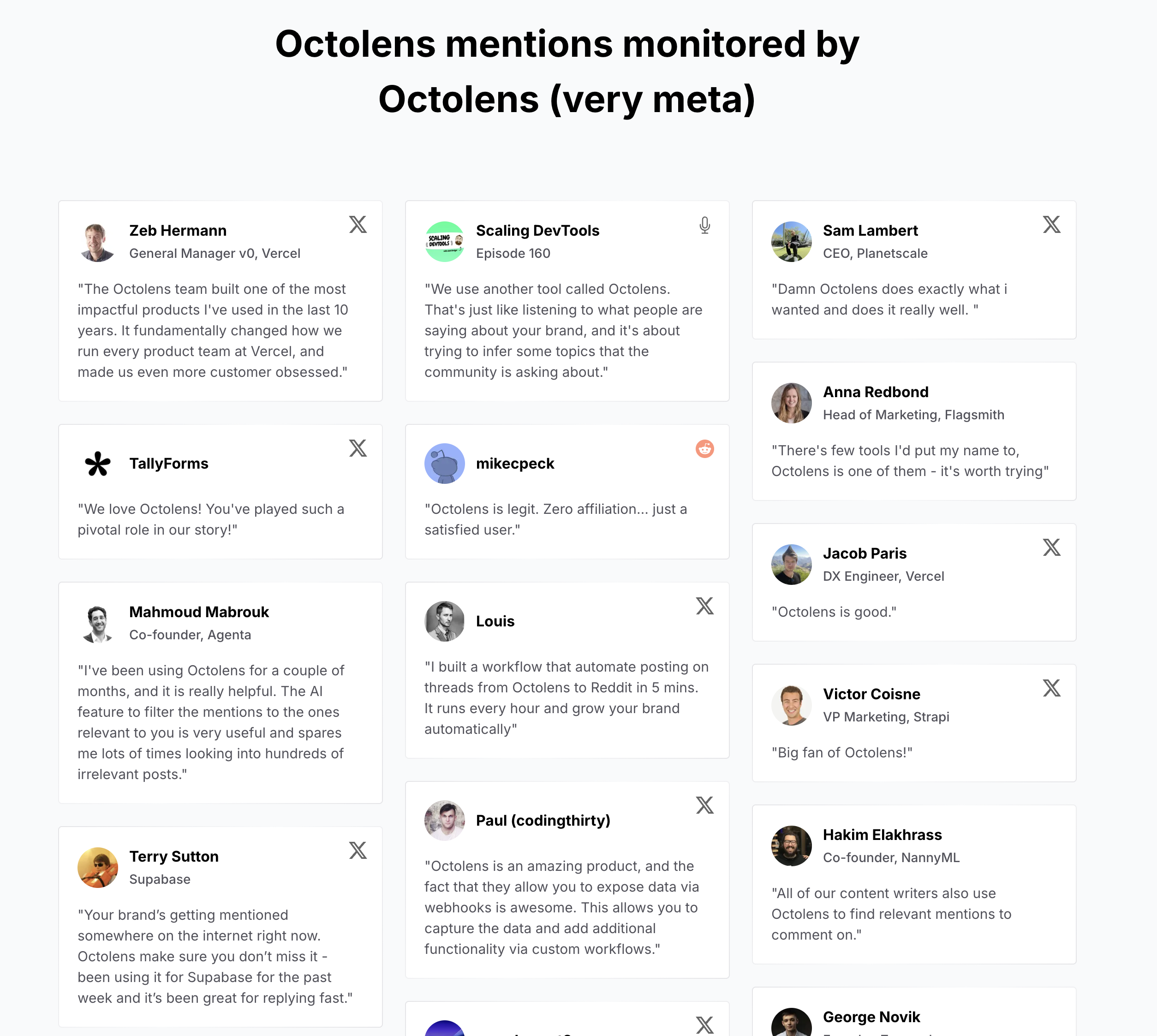 Octolens wall of love built from Reddit, Twitter, and LinkedIn mentions