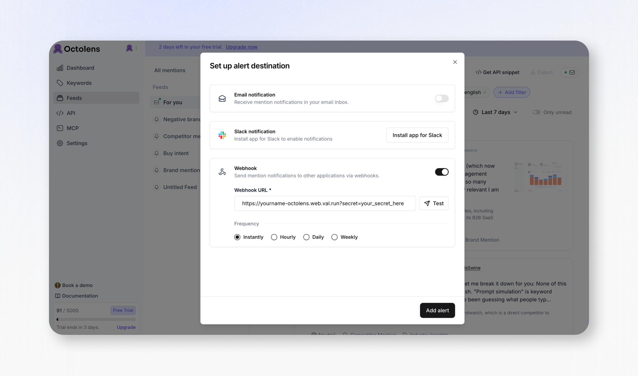 Setting up a webhook alert destination in Octolens with a Val Town endpoint URL