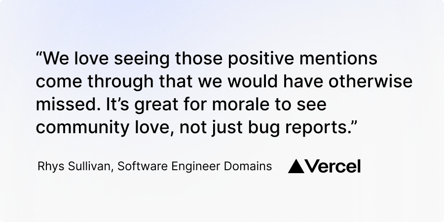 "We love seeing those positive mentions come through that we would have otherwise missed. It's great for morale to see community love, not just bug reports." Rhys Sullivan, Software Engineer Domains, Vercel